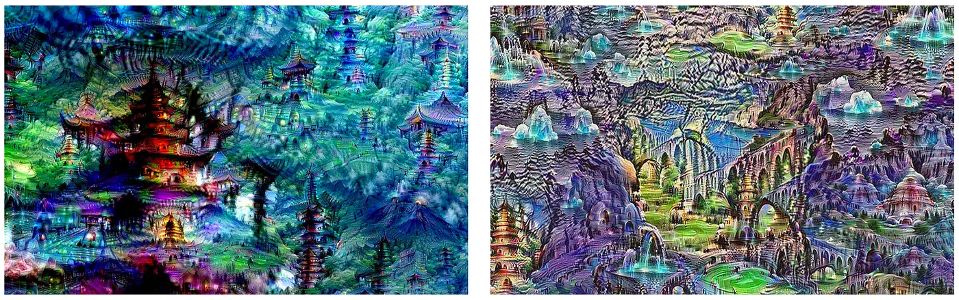 Google's Inceptionism images showing the network's own speculations and interpretations