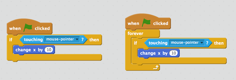 Scratch code blocks showing a one-time check vs a forever loop