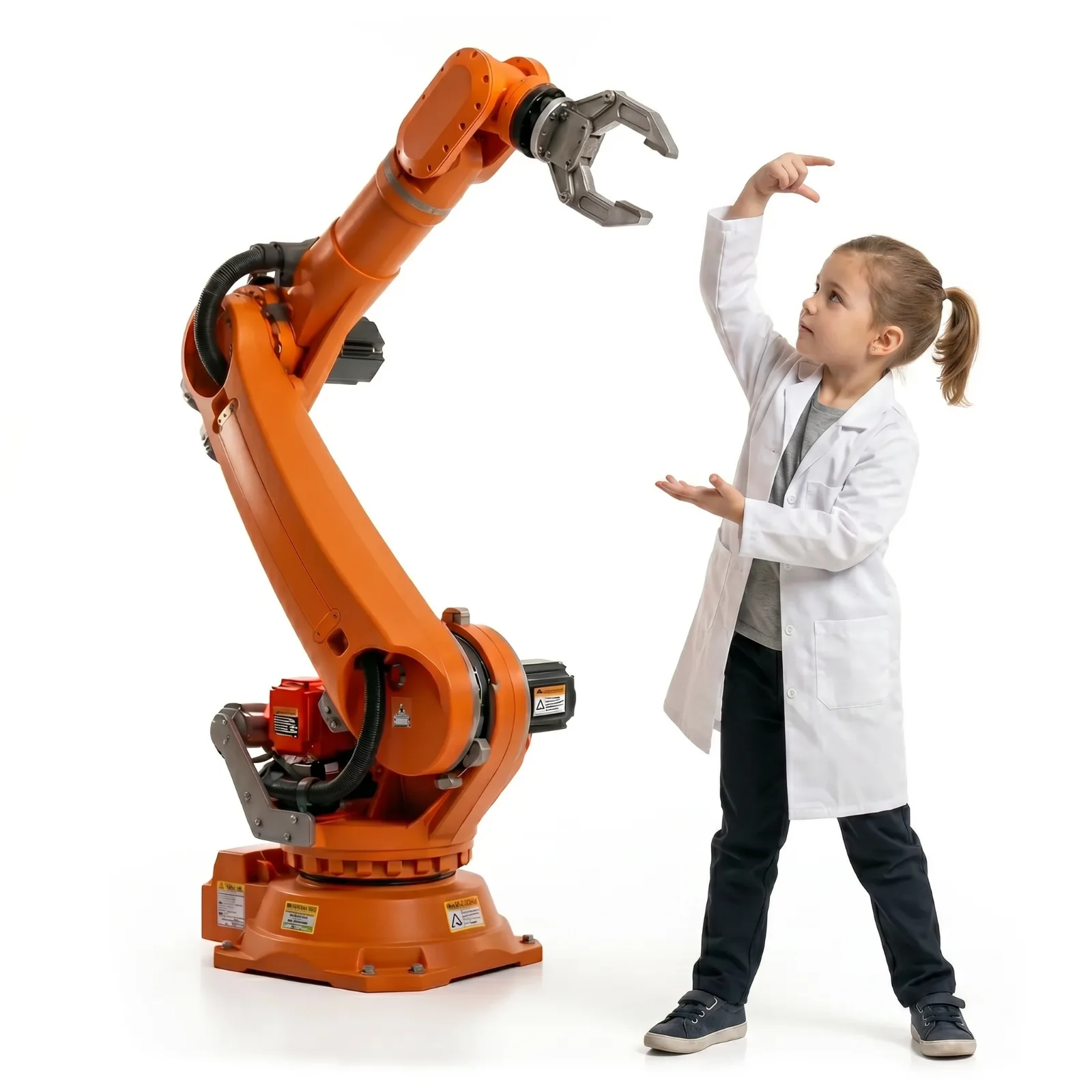 A child demonstrating a pose for an industrial robot